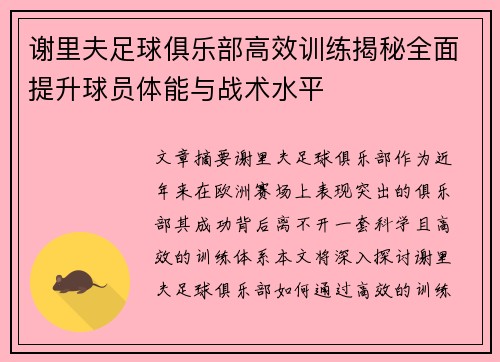 谢里夫足球俱乐部高效训练揭秘全面提升球员体能与战术水平