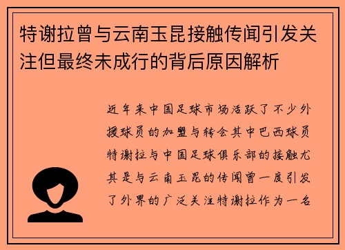 特谢拉曾与云南玉昆接触传闻引发关注但最终未成行的背后原因解析 特谢拉曾与云南玉昆接触传闻引发关注但最终未成行的背后原因解析